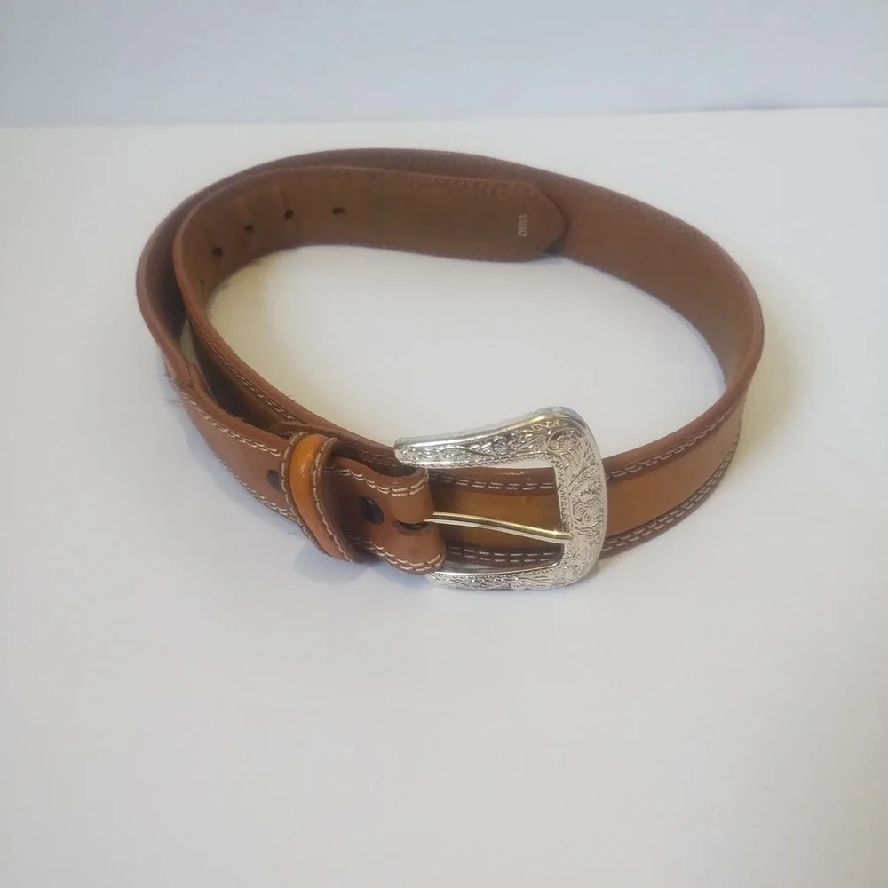 Western Belt Women's 36 Brown Ostrich Print Silver Plated Buckle Boho Cowgirl